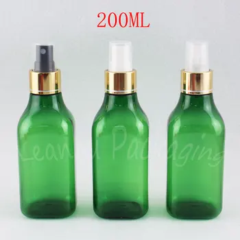 200ML Pătrat Verde Sticla de Plastic Cu Aur Pompă de Pulverizare , 200CC Gol Container Cosmetice , Toner / make-up de Apă Sub-îmbuteliere