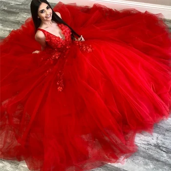 2020 Red Ball Gown Rochii Quinceanera V-Neck Flori 3D Aplicatii de Dantela-Up Înapoi Puffy arabă Rochii de Bal Vestidos De 15 Ani QE08