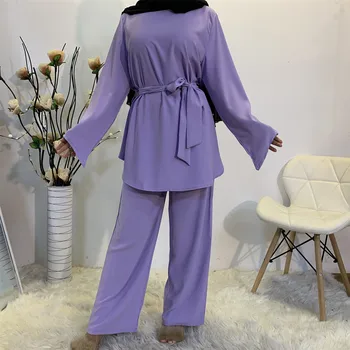 2021 Culoare Solidă Maneca Lunga De Sus Pantaloni Largi Picior Musulman Doamnelor Costum Musulman Doamnelor Maneca Lunga Set De 2 Piese De Îmbrăcăminte Islamic Abaya
