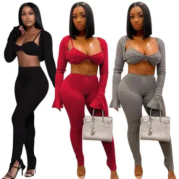 2021 Toamna Noua Moda pentru Femei Sexy Curea de Talie Slim-Fit Cotton Imitație de Culoare Solidă Trei Piese cu Mâneci Lungi, Pantaloni