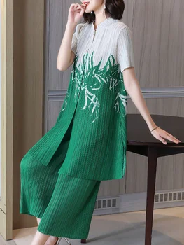 2022 Moda de Vara Femei Plisată Costum de Culoare de Contrast de Imprimare Stand Guler tricou Vrac Elastic Pantaloni Casual Stil