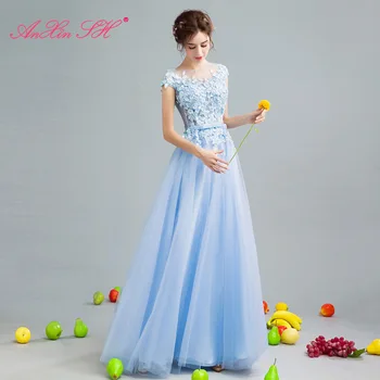 AnXin SH Fairy Princess albastru dantelă flori rochie de seara vintage o pe gât ștrasuri din mărgele flori arc plaja albastru rochie de seara toast 136