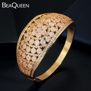 BeaQueen Largă de Mare Lux Declarație Brățară pentru Femei Nuntă Plină de Zircon Cubic de Flori Tubulare Bratari de Aur, Bijuterii de Culoare B176