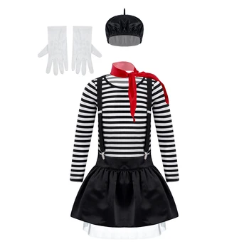 Copii Fete Mim francez Artist Costum cu Dungi T-Shirt, cu Bereta Mănuși Bretele Fusta pentru Halloween, Carnaval Roleplay Tinuta