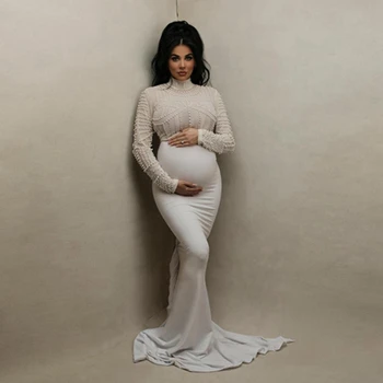 De Înaltă Gât Mâneci Sirenă Rochii De Maternitate De Lux Cu Margele Perle Sarcina Rochie Elegantă, Lungă De Maternitate Trage Rochii