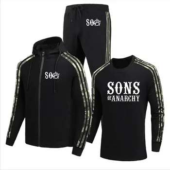 De înaltă calitate din Bumbac Casual, jachete Barbati SOA Sons of Anarchy FIII Imprimare jacheta Barbati + pulover+pantaloni de costum din trei piese
