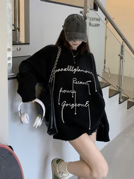 Deeptown Coreean Streetwear Negru Scrisoarea Imprimate Pulover Femei Pe Gât Rotund Grafic Jachete Hanorace Largi Maneca Lunga De Sus 2022