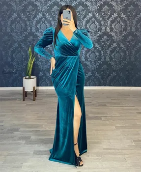 Elegante Lungi de Catifea Rochii de Seara Musulman Sirena V-Gât adânc Etaj Lungime Cutat arabă Rochii de Bal pentru Femei