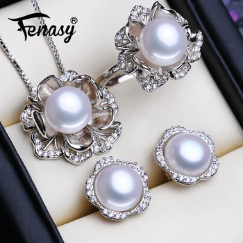 FENASY Argint 925 Seturi de Bijuterii Coliere de Perle Naturale Pentru Femei Clasic Stud Cercei Moda de Nunta Inele Pandantiv
