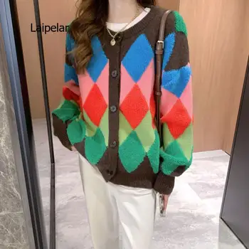 Femei cald gros de bumbac pulover tricotate sacou cardigan retro curcubeu de culori cu contrast jacheta tricotata de iarna noi serii de produse