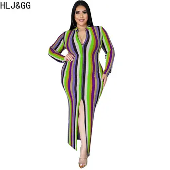 HLJ&GG Doamnă Elegant Dungă de Culoare de Imprimare Mijlocul Rochii de Toamna pentru Femei Zip Maneca Lunga Bodycon Rochie Plus Dimensiune Femei Fantă Vestidos 4XL