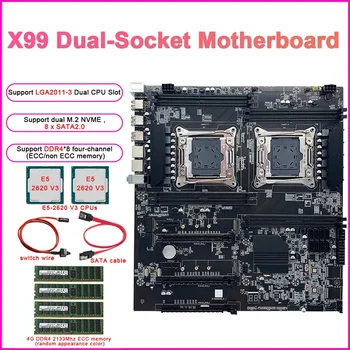 HOT-X99 Dual-Socket Miniere Placa de baza+E5-2620V3 CPU+4G DDR4 ECC RAM+Comutator de Linie+SATA Linie despre lga2011-3 Dual CPU Slot 8XSATA2.0