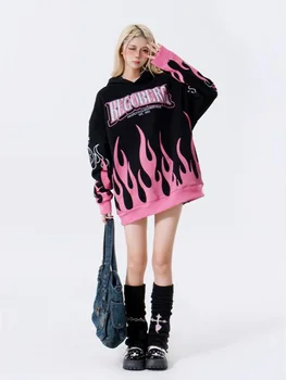 Hikigawa Chic Pentru Femei De Moda Streetwear Flăcări Scrisoare Hanorace Hanorac Y2k Liber Îngroșat Cu Gluga Trage Femme Hiver 2022 Sus