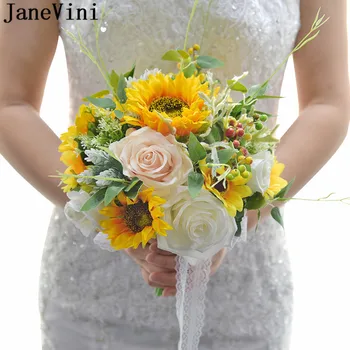 JaneVini 2020 Floarea-soarelui Buchet de Mireasa Galben Imitație de Flori Frunze Verzi Artificiale a Crescut Buchete de Nunta pentru Mireasa Broșe