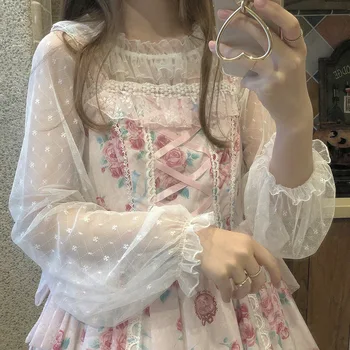 Japoneze Kawaii Dulci Dantelă cu mâneci Lungi Lolita Top Bluza Felinar Manșon Șifon Tricou Vrac