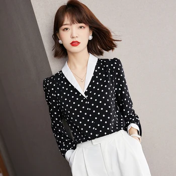 Long Sleeve V-neck Culoare de Contrast Polka Dot Shirt Femei Toamna anului 2022 Moda Elegant Stil francez Slim Topuri Casual Bluza B1508