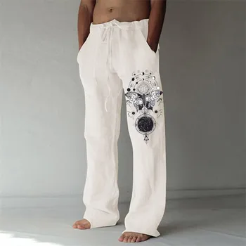 Mens De Moda Casual Imprimat Buzunar Lenjerie De Dantelă În Sus Pantalonii De Mari Dimensiuni Pantaloni M Albastru Exterior