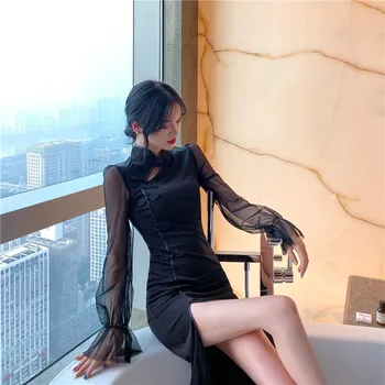 Midi Rochie De Petrecere Femei Sexy Îmbunătățit Cheongsam Negru Rochie De Teaca 2022 Chinez Lung Mâneci Bodycon Split Gotic Vestidos
