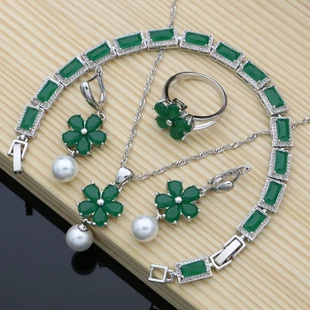 Mireasa Perle Seturi De Bijuterii Verde Piatră Femei Argint 925 Nunta Doration Inel Reglabil Cadouri Colier Set