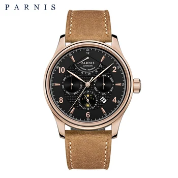 Moda Parnis 43mm Crescut de Caz din Aur Ceas Automatic Barbati Curea din Piele Cristal Safir Mecanice Impermeabil Ceasuri reloj hombre