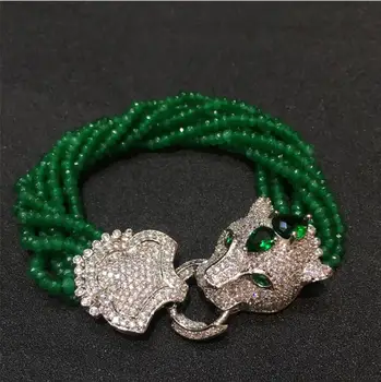 Moda bijuterii Handmade cap de leopard micro inlay zircon incuietoare piatra verde multi-rânduri bratara cadou cutie de ambalare