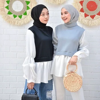 Musulman Tricouri Maneca Lunga Pulover De Fals Două Piese De Top Orientul Mijlociu Arab Malay Femei Camasa Casual De Vara Moda Musulmană Bluza