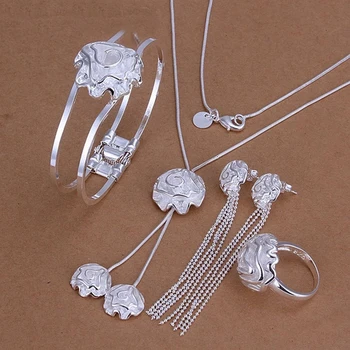 NUMBOWAN 925 de Bijuterii de Argint Sterlină Femei Nobile Trandafiri Inel Colier Brățară Lanț de Șirag de mărgele Cercei Stud Moda Bijuterii Seturi