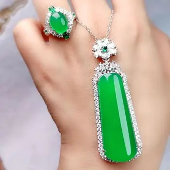 Naturale Jadeit Pandantiv Cu Zirconiu Verde Smarald Jades Farmece Și Inele Benzi Reglabile Femei Set De Bijuterii Iubita Mama Cadouri
