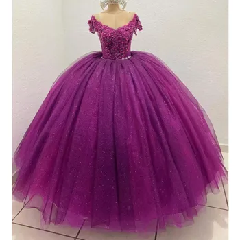 Noi Rochii Quinceanera Rochie de Seara Sequined Aplicatii Tul Printesa Rochie de Bal Flori 3D Dragă Vestidos De 15 Ani