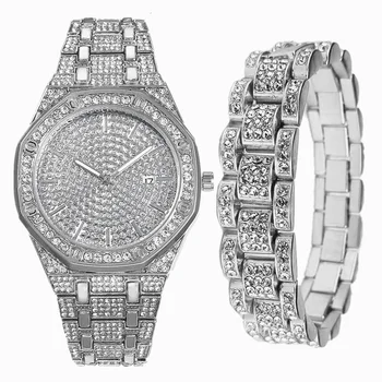 Nou Stil de Ceas pentru Barbati de Lux Iced din Ceas + Bratara Cubanez Link-ul Lanț Bling Brățară Mens Watch Set Bijuterii Set Ceas Relogio
