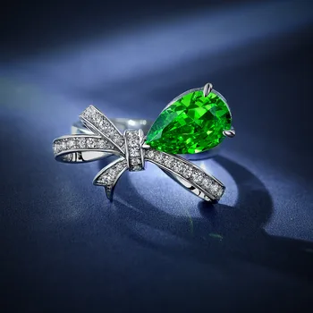 Nouă tendință de moda S925 încrustat 5A zircon geamuri smarald panglică arc inel cu diamant verde smarald formă de picătură femei inel