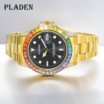 PLADEN Safir de Sticlă de Lux reloj hombre Trendy Aur 18k Automatic Data Ceas Bezel Diamant din Oțel Inoxidabil Ceas Pentru Bărbați