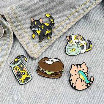 Personalizate de Desene animate Drăguț Consumul de Pește Pisică Burger Cupa Reperat Pisica Email Insigna Rucsac Pin Rever Bijuterii Cadouri pentru Prieteni en-Gros