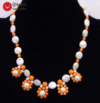 Qingmos Naturale Perla Pandantiv Colier pentru Femei cu Floare de Portocal și 12-13mm Alb Monedă Runda Pearl Colier Coliere Bijuterii