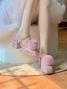 Retro Romantic francez, Pantofi Fete Victoria Elegant Cap Pătrat Toc Gros Minge de Plus Pearl Cruce Panglica Pantofi cu Toc 8cm