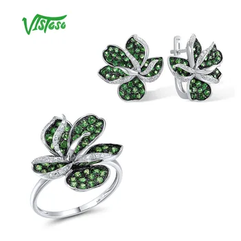 VISTOSO 14K 585 Aur Alb Set de Bijuterii Pentru Femei Spumant Granat Verde Cercei cu Diamante Inel Floare Superba de Bijuterii Fine