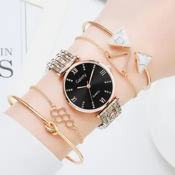 Veselia de Lux de 5 BUC Set Ceas de Femei a Crescut de Aur cu Diamante Brățară de Ceas Doamnelor Bijuterii Femei Oră Casual Cuarț Ceasuri de mana Ceas